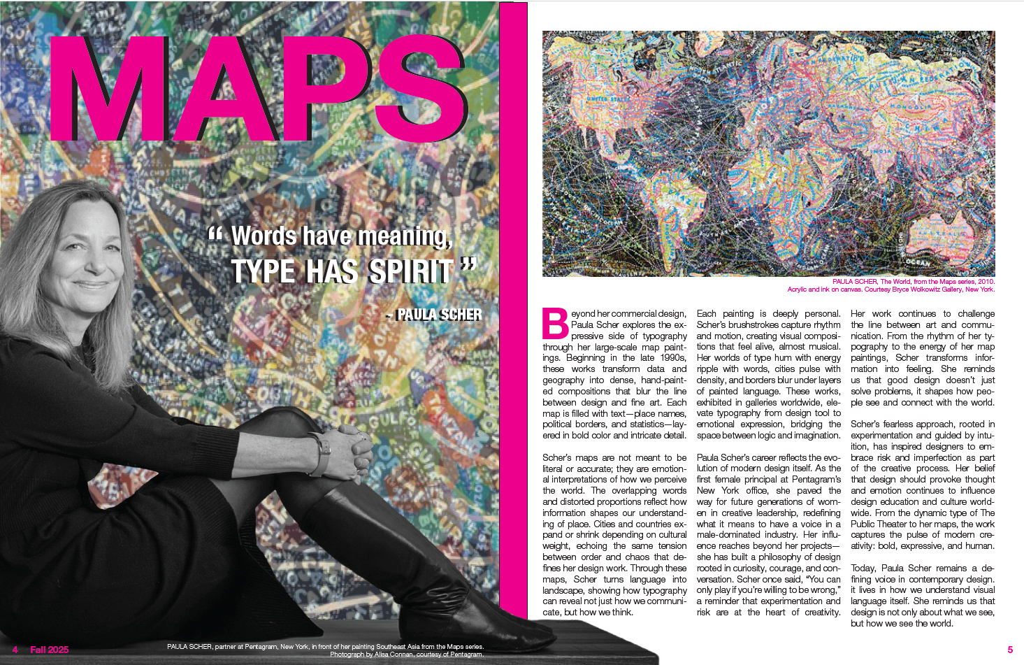 Paula Scher editorial magazine spread featuring her Maps series